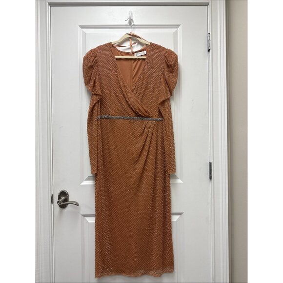 Mac Duggal Size 14 Orange Beaded Wrap Over Puff Sleeve Midi Dress Rhinestone NWT - Picture 4 of 10